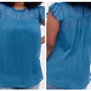 NWT Torrid Crinkle Chiffon Silver Thread Sheer Flutter Sl Blue Top Size 3X 22-24